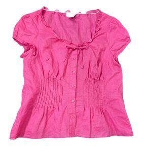 Vintage Linen Blouse Womens XL Pink Linen Pleated Button Down Babydoll Top Puff